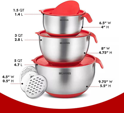 Mixing Bowls with Lids Set of 5 - Stainless Steel Nesting Metal Bowl Set | Airtight Lids, Non Slip Bottoms, 3 Grater Attachments Included, Nesting Design Saves Space for Baking, Food Prep and Storage