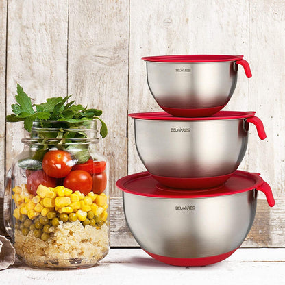 Mixing Bowls with Lids Set of 5 - Stainless Steel Nesting Metal Bowl Set | Airtight Lids, Non Slip Bottoms, 3 Grater Attachments Included, Nesting Design Saves Space for Baking, Food Prep and Storage