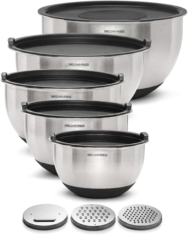 Mixing Bowls with Lids Set of 5 - Stainless Steel Nesting Metal Bowl Set | Airtight Lids, Non Slip Bottoms, 3 Grater Attachments Included, Nesting Design Saves Space for Baking, Food Prep and Storage