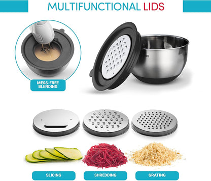 Mixing Bowls with Lids Set of 5 - Stainless Steel Nesting Metal Bowl Set | Airtight Lids, Non Slip Bottoms, 3 Grater Attachments Included, Nesting Design Saves Space for Baking, Food Prep and Storage