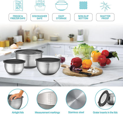 Mixing Bowls with Lids Set of 5 - Stainless Steel Nesting Metal Bowl Set | Airtight Lids, Non Slip Bottoms, 3 Grater Attachments Included, Nesting Design Saves Space for Baking, Food Prep and Storage
