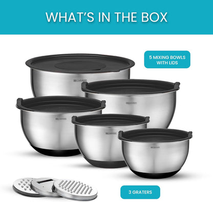 Mixing Bowls with Lids Set of 5 - Stainless Steel Nesting Metal Bowl Set | Airtight Lids, Non Slip Bottoms, 3 Grater Attachments Included, Nesting Design Saves Space for Baking, Food Prep and Storage