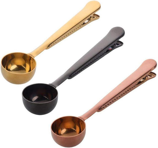 3 PCS Coffee Scoop with Clip 2 in 1 Stainless Steel | 1 tbsp Ground Measuring Spoon, Bag Clip, For Coffee Tea