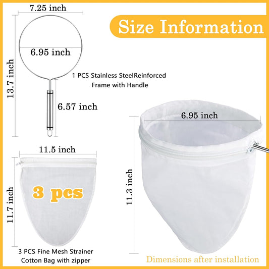 WMKGG Ultra Fine Mesh Strainer Bags,Cheese Cloth Bag for Straining, with Stainless Steel Handle Frame for Juices,Nut Milk,Fresh Cheese,Yogurt (Medium Size)(6.95"Wx11.7"D)