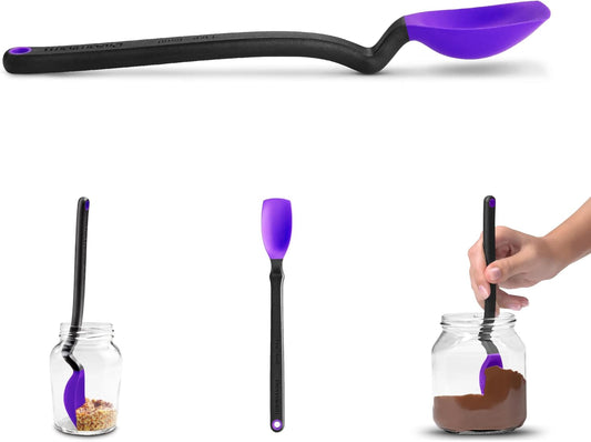 Mini Supoon Non-Stick Sit-Up Silicone Scraping Cooking Spoon, Jar Scraper Measures 5ml Tsp - 8" Purple | Non-stick cookware safe, mess-free, sit up head with flat squeegee tip, heat-resistant, measures 5ml tsp, 8"