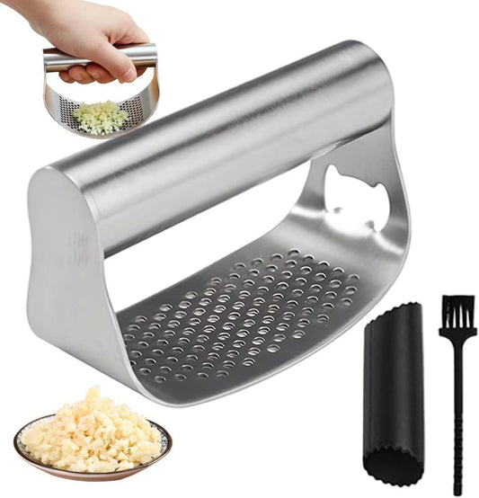 Garlic Press Rocker Stainless Steel Garlic Presser, Upgrade Heavy Duty Mincer Crusher, Portable Manual Press Tool with Peeler and Cleaning Brush, Kitchen Gadgets for Smashing Garlic (With Corkscrew)