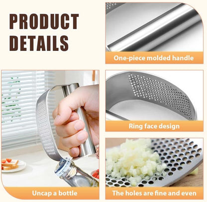 Garlic Press Rocker Stainless Steel Garlic Presser, Upgrade Heavy Duty Mincer Crusher, Portable Manual Press Tool with Peeler and Cleaning Brush, Kitchen Gadgets for Smashing Garlic (With Corkscrew)