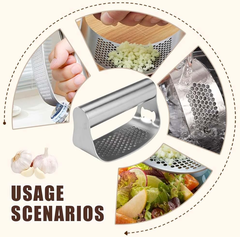 Garlic Press Rocker Stainless Steel Garlic Presser, Upgrade Heavy Duty Mincer Crusher, Portable Manual Press Tool with Peeler and Cleaning Brush, Kitchen Gadgets for Smashing Garlic (With Corkscrew)