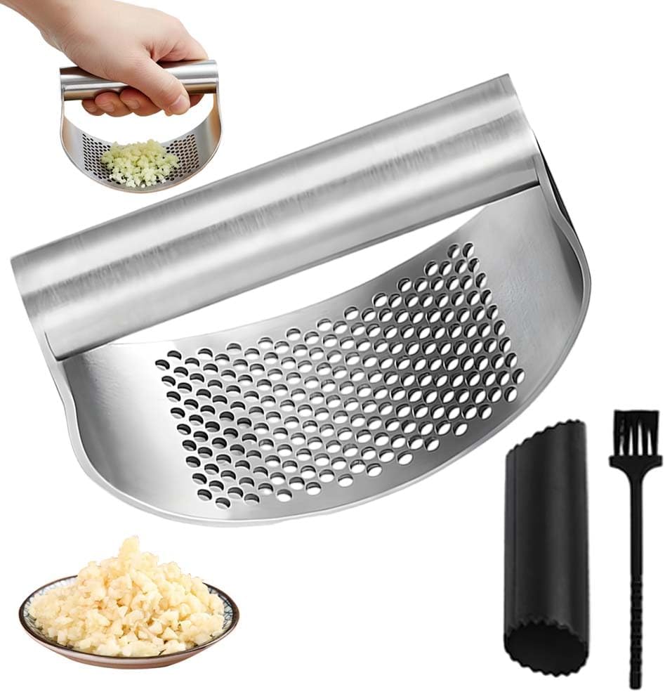 Garlic Press Rocker Stainless Steel Garlic Presser, Upgrade Heavy Duty Mincer Crusher, Portable Manual Press Tool with Peeler and Cleaning Brush, Kitchen Gadgets for Smashing Garlic (With Corkscrew)