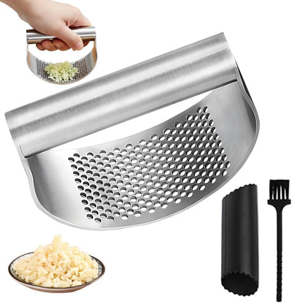 Garlic Press Rocker Stainless Steel Garlic Presser, Upgrade Heavy Duty Mincer Crusher, Portable Manual Press Tool with Peeler and Cleaning Brush, Kitchen Gadgets for Smashing Garlic (With Corkscrew)