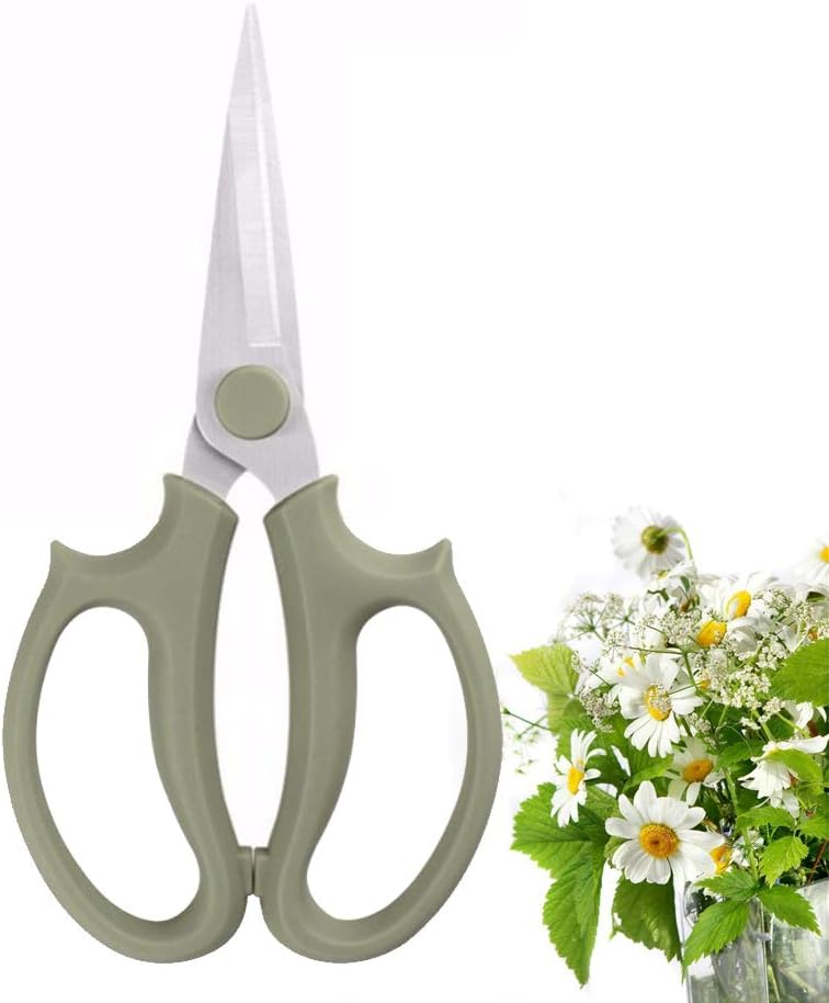 Flower Scissors, Premium Thickened Stainless Steel Floral Shears, Strong Pruner for Flowers, Branches and Leaves (Grey Green Slender)