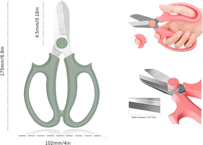 Flower Scissors, Premium Thickened Stainless Steel Floral Shears, Strong Pruner for Flowers, Branches and Leaves (Grey Green Slender)