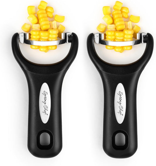 Stainless Steel Corn Peeler, Corn on the Cob Stripper Tool, 2Pk | Durable Corn Kernel Remover Tool with Ergonomic Handle – Easy to Use Kernel Cutter - Dishwasher Safe Corn Cutter, Black