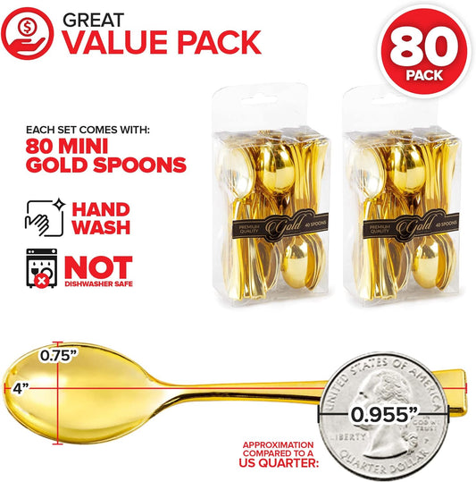 Gold Plastic Mini Spoons Disposable, 4 inch (80 Pack) Tasting Spoon, Dessert Mini spoon for Ice Cream Taster, Small Sample Desserts, Gelato Sampling, Fancy Miniature Pudding, Little Appetizers, Bulk
