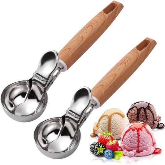 Set of 2 Stainless Steel Ice Cream Scoops - 1.85"x1.85" Deep Scoop with Spring-Loaded Release | Non-Stick Melon Baller for Fruits, Dessert & Cookie Dough