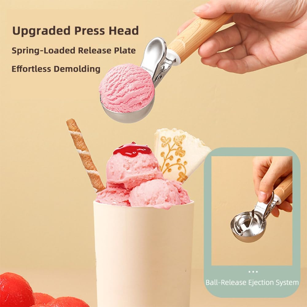 Set of 2 Stainless Steel Ice Cream Scoops - 1.85"x1.85" Deep Scoop with Spring-Loaded Release | Non-Stick Melon Baller for Fruits, Dessert & Cookie Dough