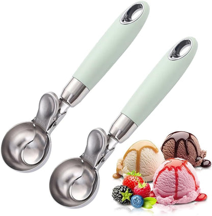 Set of 2 Stainless Steel Ice Cream Scoops - 1.85"x1.85" Deep Scoop with Spring-Loaded Release | Non-Stick Melon Baller for Fruits, Dessert & Cookie Dough