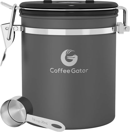 Stainless Steel Canister - Medium 16oz, Gray Coffee Grounds and Beans Container with Date-Tracker, CO2-Release Valve, and Measuring Scoop - Ideal Coffee Lovers Gifts