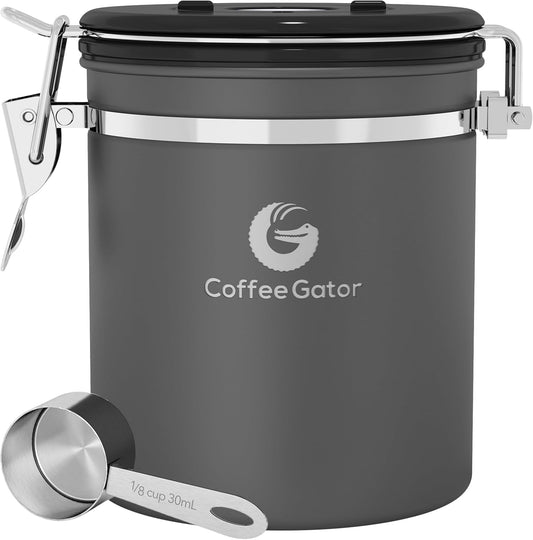 Stainless Steel Canister - Medium 16oz, Gray Coffee Grounds and Beans Container with Date-Tracker, CO2-Release Valve, and Measuring Scoop - Ideal Coffee Lovers Gifts