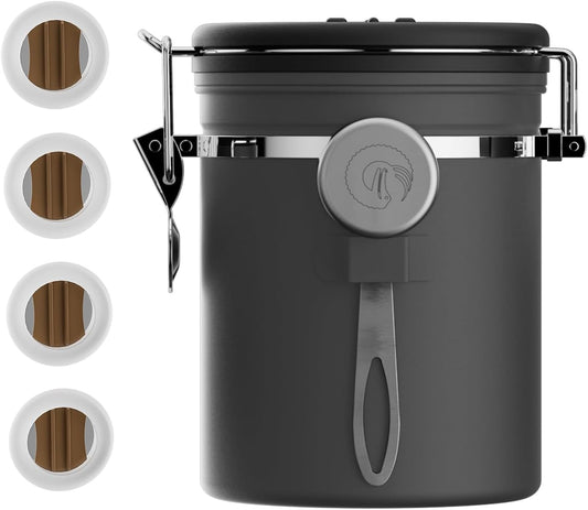 Stainless Steel Canister - Medium 16oz, Gray Coffee Grounds and Beans Container with Date-Tracker, CO2-Release Valve, and Measuring Scoop - Ideal Coffee Lovers Gifts