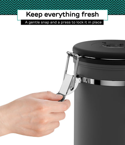 Stainless Steel Canister - Medium 16oz, Gray Coffee Grounds and Beans Container with Date-Tracker, CO2-Release Valve, and Measuring Scoop - Ideal Coffee Lovers Gifts