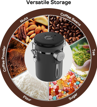 Stainless Steel Canister - Medium 16oz, Gray Coffee Grounds and Beans Container with Date-Tracker, CO2-Release Valve, and Measuring Scoop - Ideal Coffee Lovers Gifts