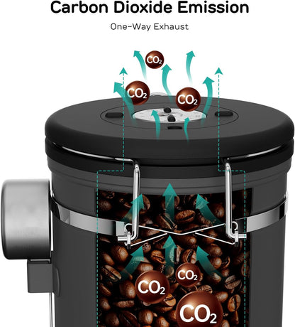 Stainless Steel Canister - Medium 16oz, Gray Coffee Grounds and Beans Container with Date-Tracker, CO2-Release Valve, and Measuring Scoop - Ideal Coffee Lovers Gifts