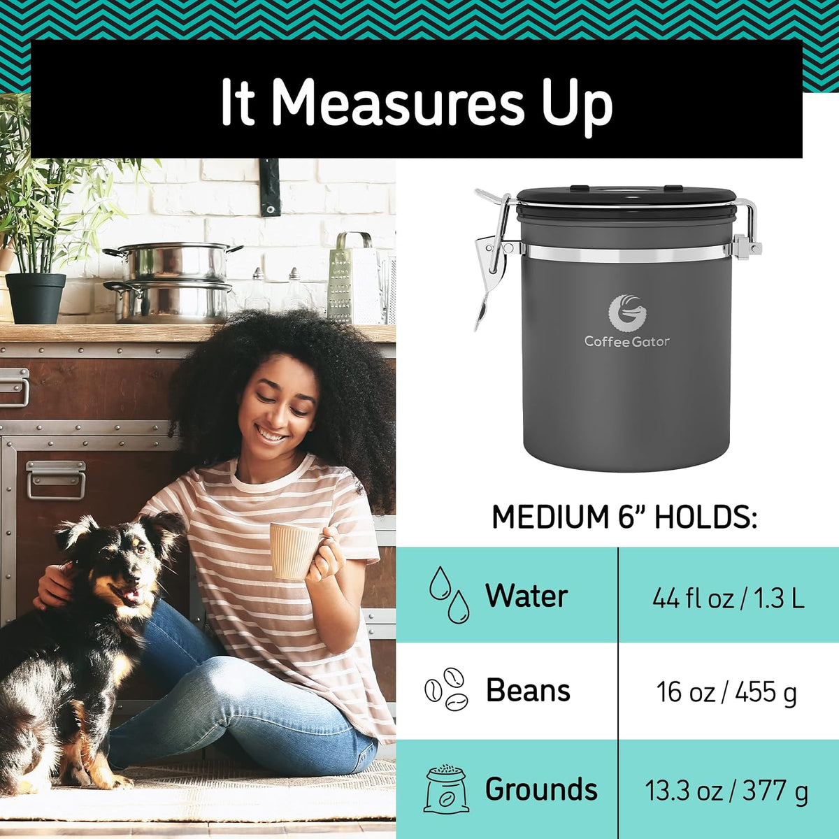 Stainless Steel Canister - Medium 16oz, Gray Coffee Grounds and Beans Container with Date-Tracker, CO2-Release Valve, and Measuring Scoop - Ideal Coffee Lovers Gifts