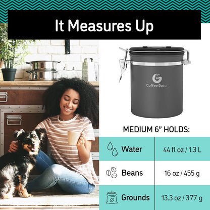 Stainless Steel Canister - Medium 16oz, Gray Coffee Grounds and Beans Container with Date-Tracker, CO2-Release Valve, and Measuring Scoop - Ideal Coffee Lovers Gifts