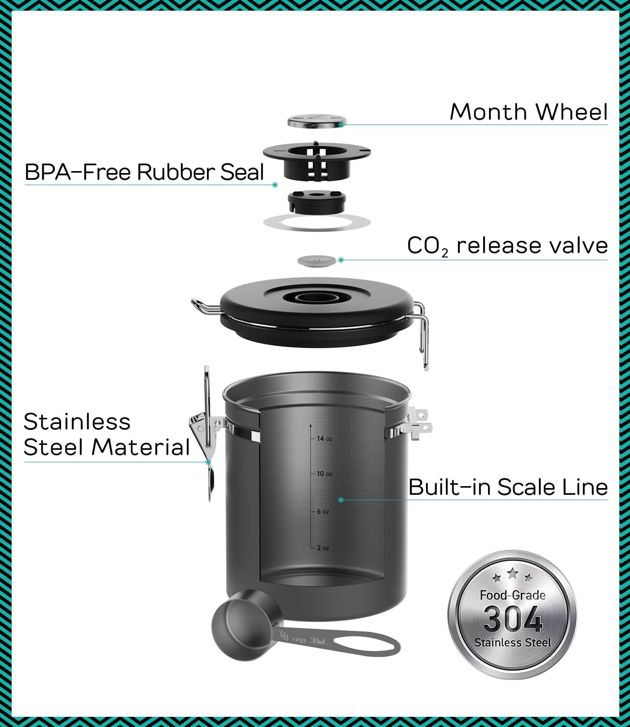 Stainless Steel Canister - Medium 16oz, Gray Coffee Grounds and Beans Container with Date-Tracker, CO2-Release Valve, and Measuring Scoop - Ideal Coffee Lovers Gifts