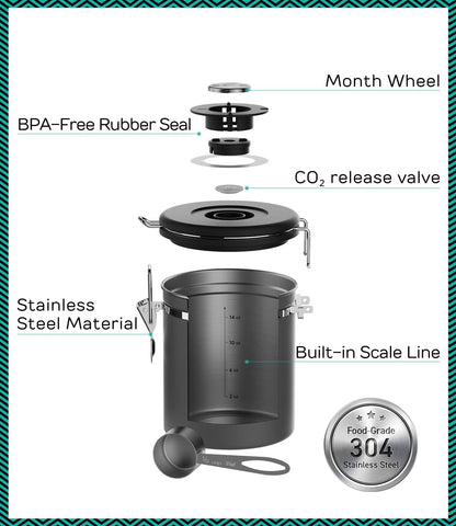 Stainless Steel Canister - Medium 16oz, Gray Coffee Grounds and Beans Container with Date-Tracker, CO2-Release Valve, and Measuring Scoop - Ideal Coffee Lovers Gifts