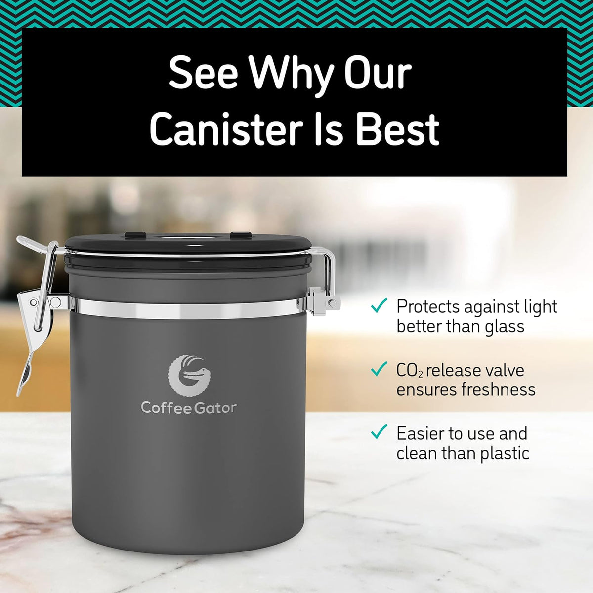 Stainless Steel Canister - Medium 16oz, Gray Coffee Grounds and Beans Container with Date-Tracker, CO2-Release Valve, and Measuring Scoop - Ideal Coffee Lovers Gifts