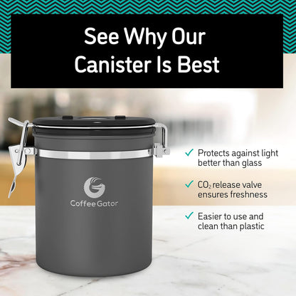 Stainless Steel Canister - Medium 16oz, Gray Coffee Grounds and Beans Container with Date-Tracker, CO2-Release Valve, and Measuring Scoop - Ideal Coffee Lovers Gifts