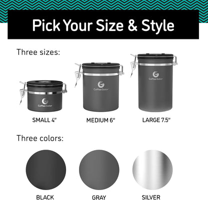 Stainless Steel Canister - Medium 16oz, Gray Coffee Grounds and Beans Container with Date-Tracker, CO2-Release Valve, and Measuring Scoop - Ideal Coffee Lovers Gifts