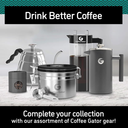 Stainless Steel Canister - Medium 16oz, Gray Coffee Grounds and Beans Container with Date-Tracker, CO2-Release Valve, and Measuring Scoop - Ideal Coffee Lovers Gifts