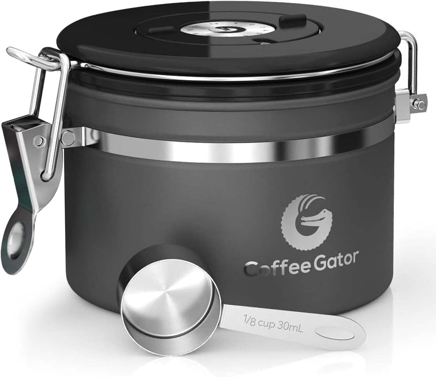 Stainless Steel Canister - Medium 16oz, Gray Coffee Grounds and Beans Container with Date-Tracker, CO2-Release Valve, and Measuring Scoop - Ideal Coffee Lovers Gifts