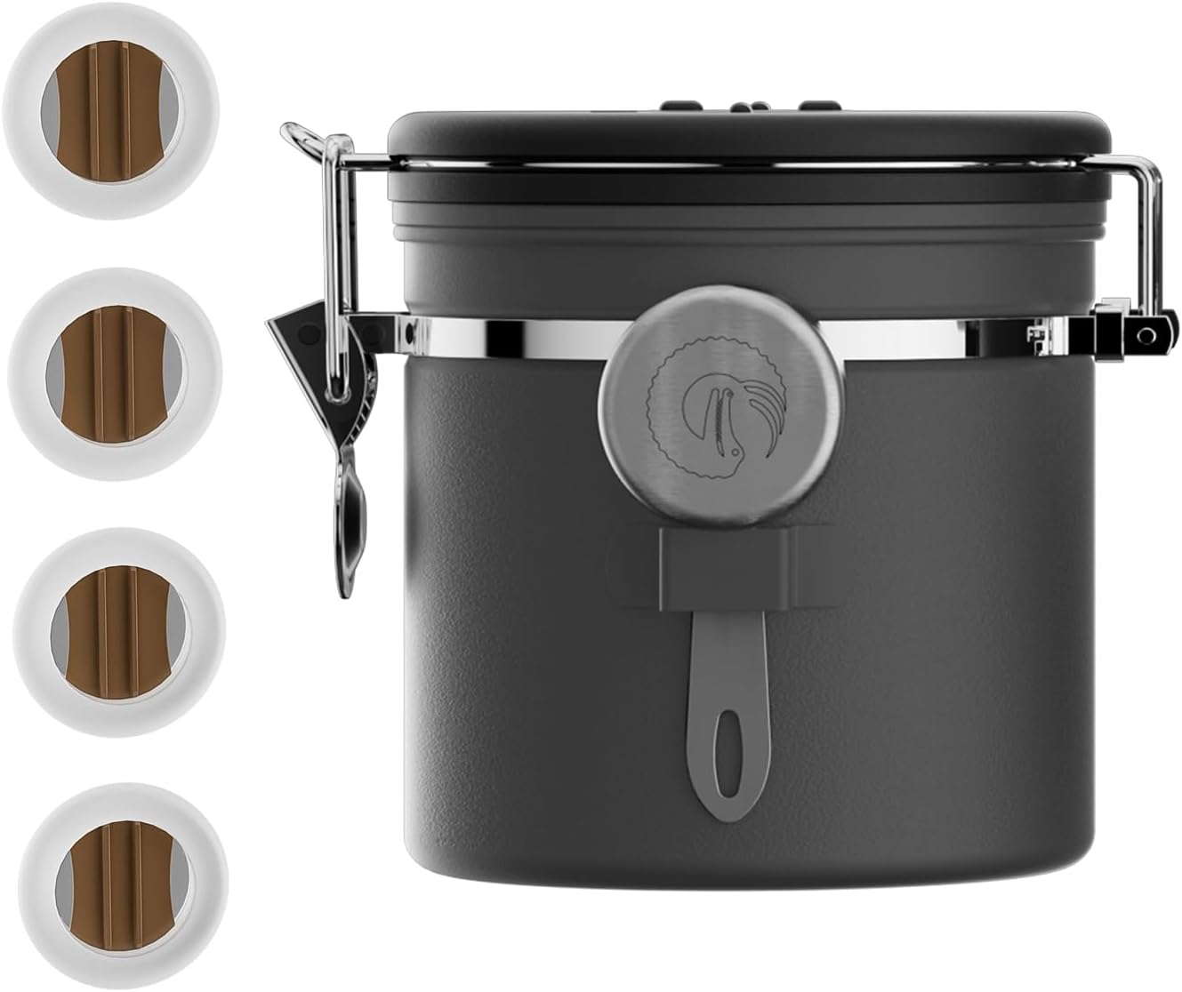 Stainless Steel Canister - Medium 16oz, Gray Coffee Grounds and Beans Container with Date-Tracker, CO2-Release Valve, and Measuring Scoop - Ideal Coffee Lovers Gifts