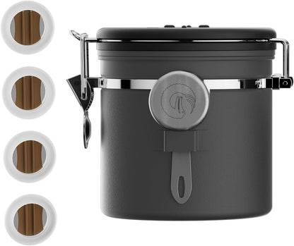 Stainless Steel Canister - Medium 16oz, Gray Coffee Grounds and Beans Container with Date-Tracker, CO2-Release Valve, and Measuring Scoop - Ideal Coffee Lovers Gifts