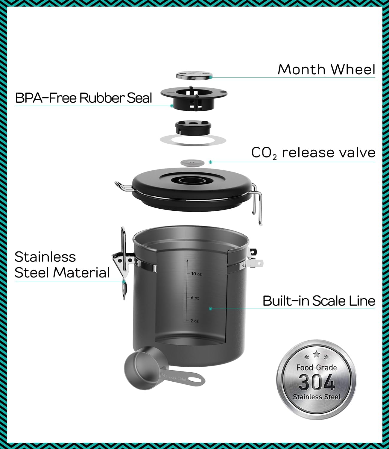 Stainless Steel Canister - Medium 16oz, Gray Coffee Grounds and Beans Container with Date-Tracker, CO2-Release Valve, and Measuring Scoop - Ideal Coffee Lovers Gifts