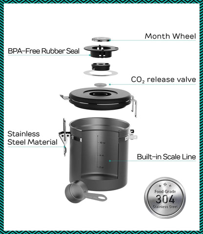 Stainless Steel Canister - Medium 16oz, Gray Coffee Grounds and Beans Container with Date-Tracker, CO2-Release Valve, and Measuring Scoop - Ideal Coffee Lovers Gifts