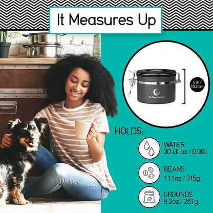 Stainless Steel Canister - Medium 16oz, Gray Coffee Grounds and Beans Container with Date-Tracker, CO2-Release Valve, and Measuring Scoop - Ideal Coffee Lovers Gifts