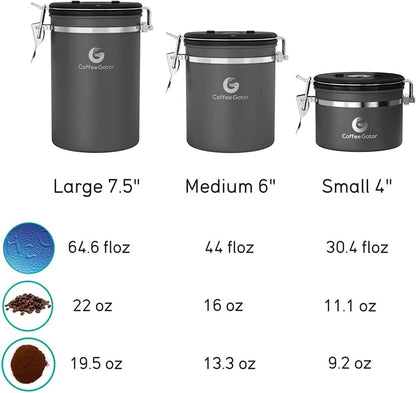 Stainless Steel Canister - Medium 16oz, Gray Coffee Grounds and Beans Container with Date-Tracker, CO2-Release Valve, and Measuring Scoop - Ideal Coffee Lovers Gifts