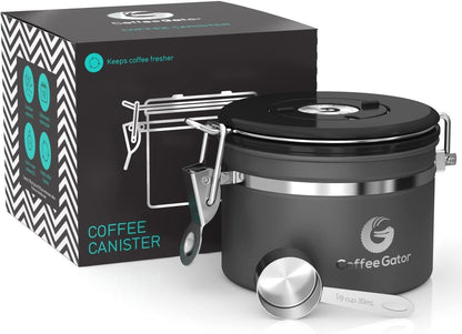 Stainless Steel Canister - Medium 16oz, Gray Coffee Grounds and Beans Container with Date-Tracker, CO2-Release Valve, and Measuring Scoop - Ideal Coffee Lovers Gifts