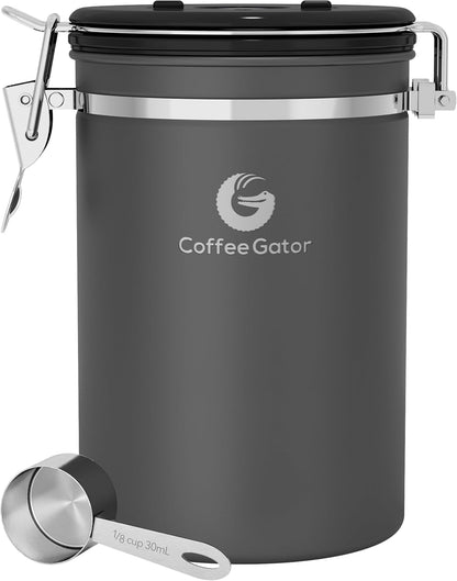 Stainless Steel Canister - Medium 16oz, Gray Coffee Grounds and Beans Container with Date-Tracker, CO2-Release Valve, and Measuring Scoop - Ideal Coffee Lovers Gifts