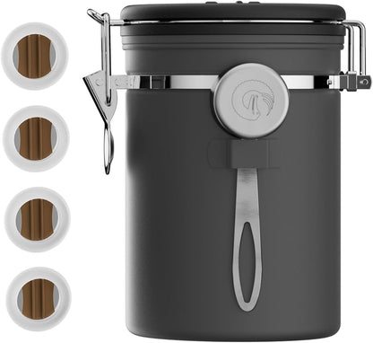 Stainless Steel Canister - Medium 16oz, Gray Coffee Grounds and Beans Container with Date-Tracker, CO2-Release Valve, and Measuring Scoop - Ideal Coffee Lovers Gifts