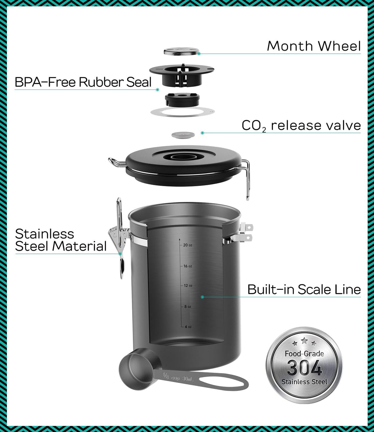 Stainless Steel Canister - Medium 16oz, Gray Coffee Grounds and Beans Container with Date-Tracker, CO2-Release Valve, and Measuring Scoop - Ideal Coffee Lovers Gifts