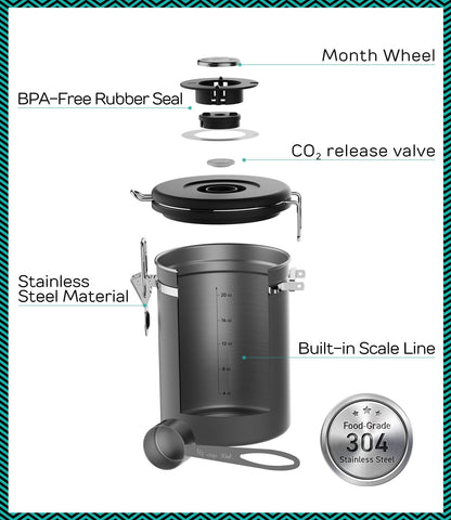 Stainless Steel Canister - Medium 16oz, Gray Coffee Grounds and Beans Container with Date-Tracker, CO2-Release Valve, and Measuring Scoop - Ideal Coffee Lovers Gifts