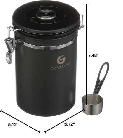 Stainless Steel Canister - Medium 16oz, Gray Coffee Grounds and Beans Container with Date-Tracker, CO2-Release Valve, and Measuring Scoop - Ideal Coffee Lovers Gifts