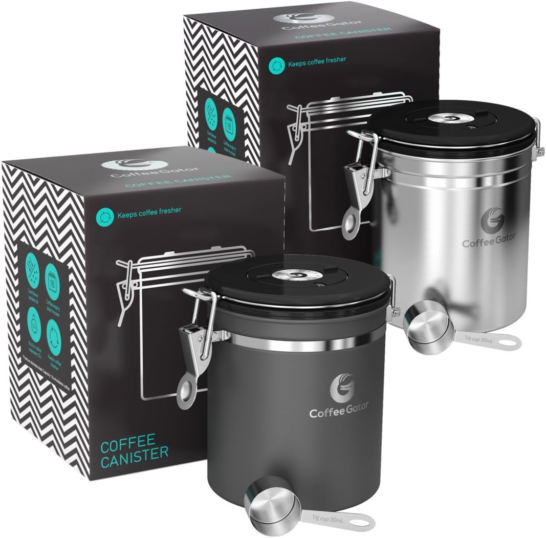 Stainless Steel Canister - Medium 16oz, Gray Coffee Grounds and Beans Container with Date-Tracker, CO2-Release Valve, and Measuring Scoop - Ideal Coffee Lovers Gifts
