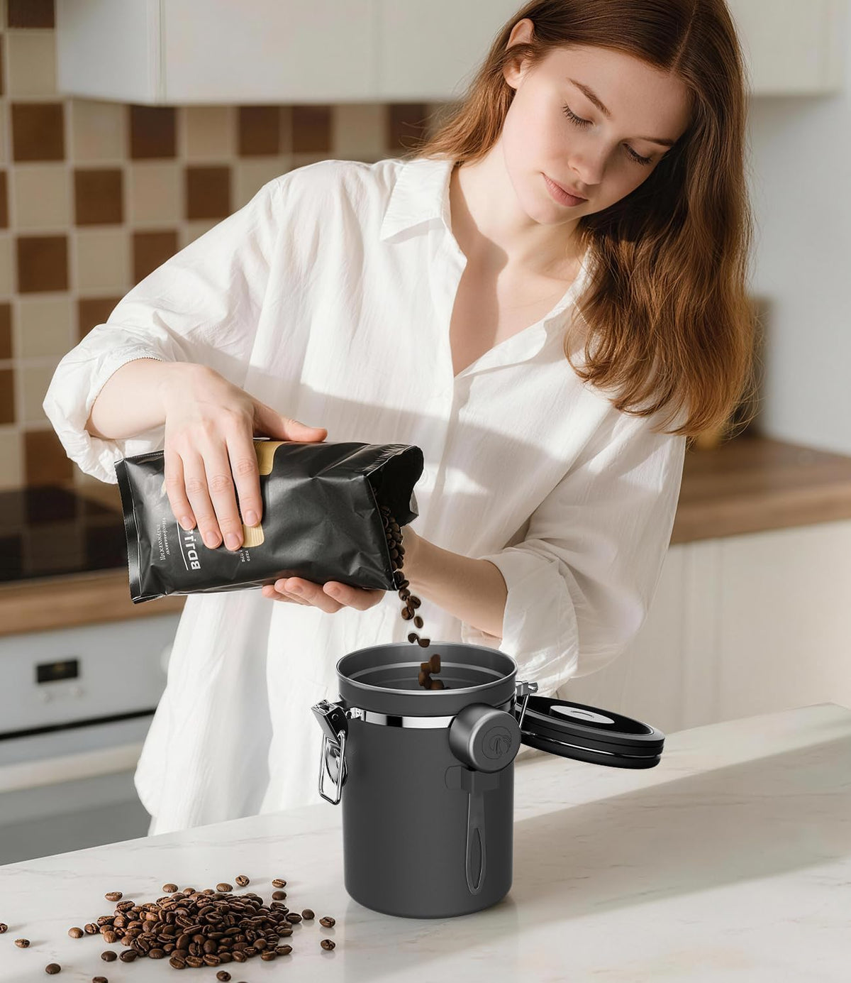 Stainless Steel Canister - Medium 16oz, Gray Coffee Grounds and Beans Container with Date-Tracker, CO2-Release Valve, and Measuring Scoop - Ideal Coffee Lovers Gifts